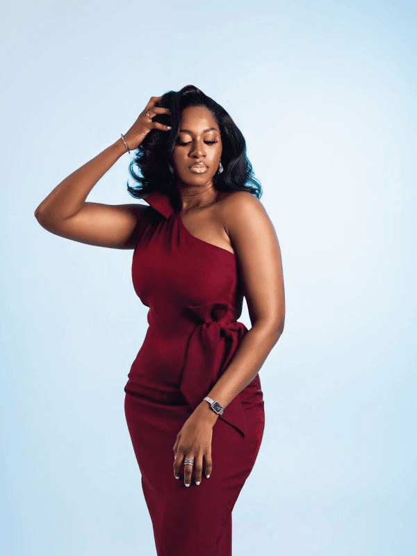 Burgundy one-shoulder dress — Styled by Acheampong